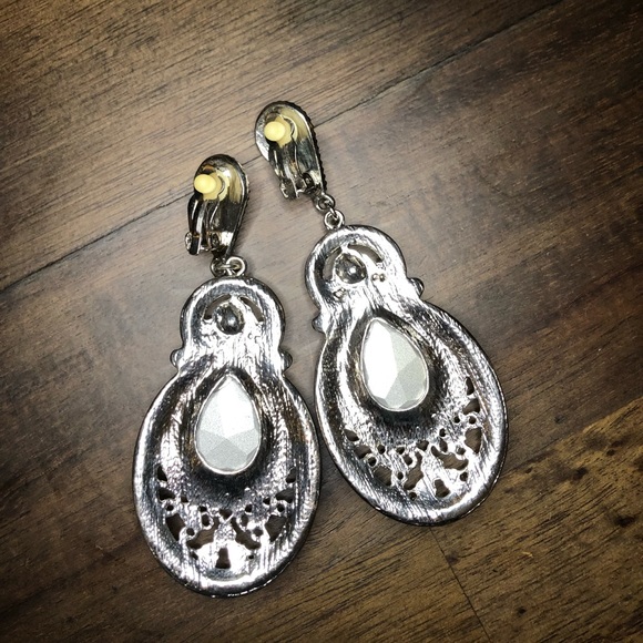 Turquoise Clip On Prom Pageant Rhinestone Earrings - Picture 3 of 3